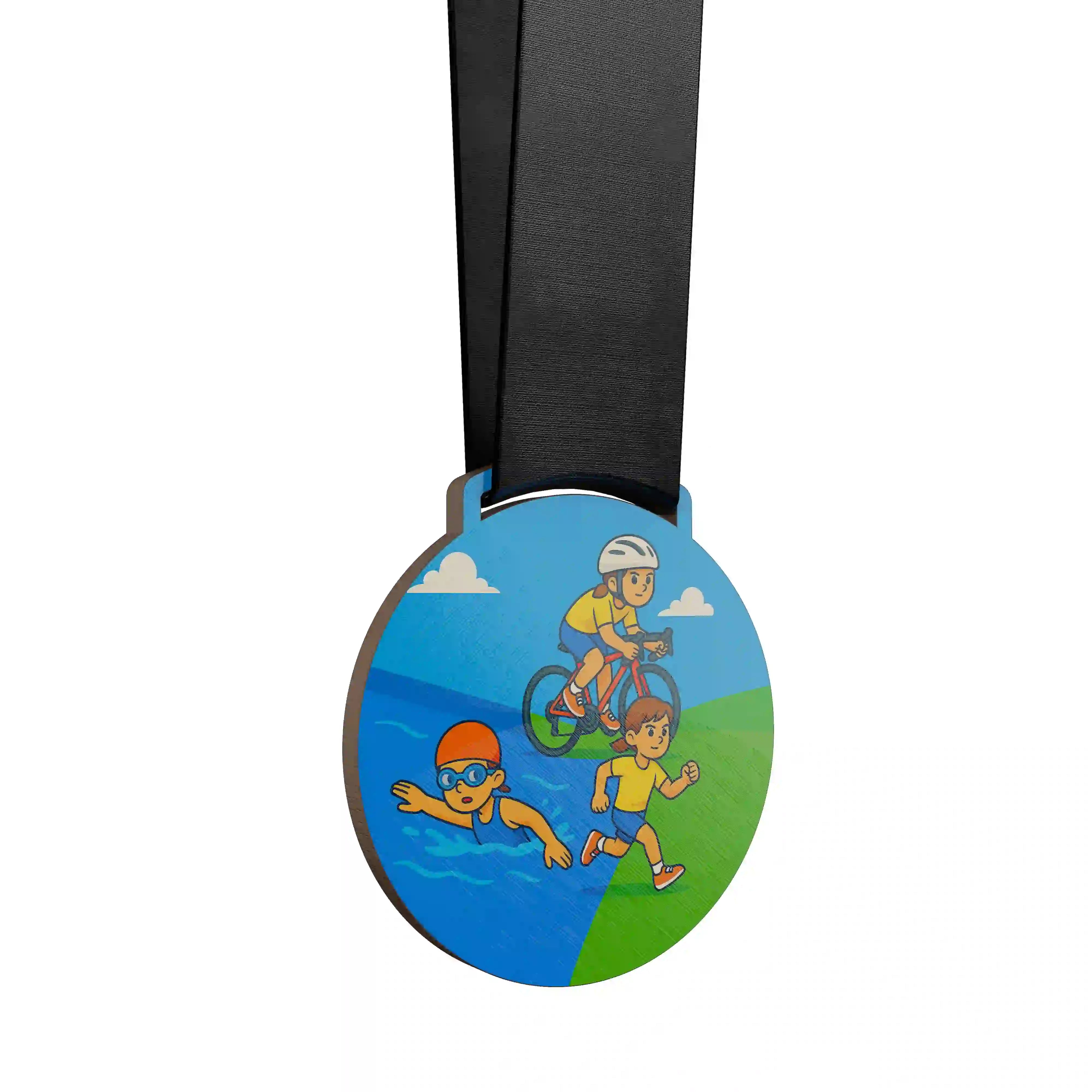 médaille en bois d'une jeune fille faisant du triathlon