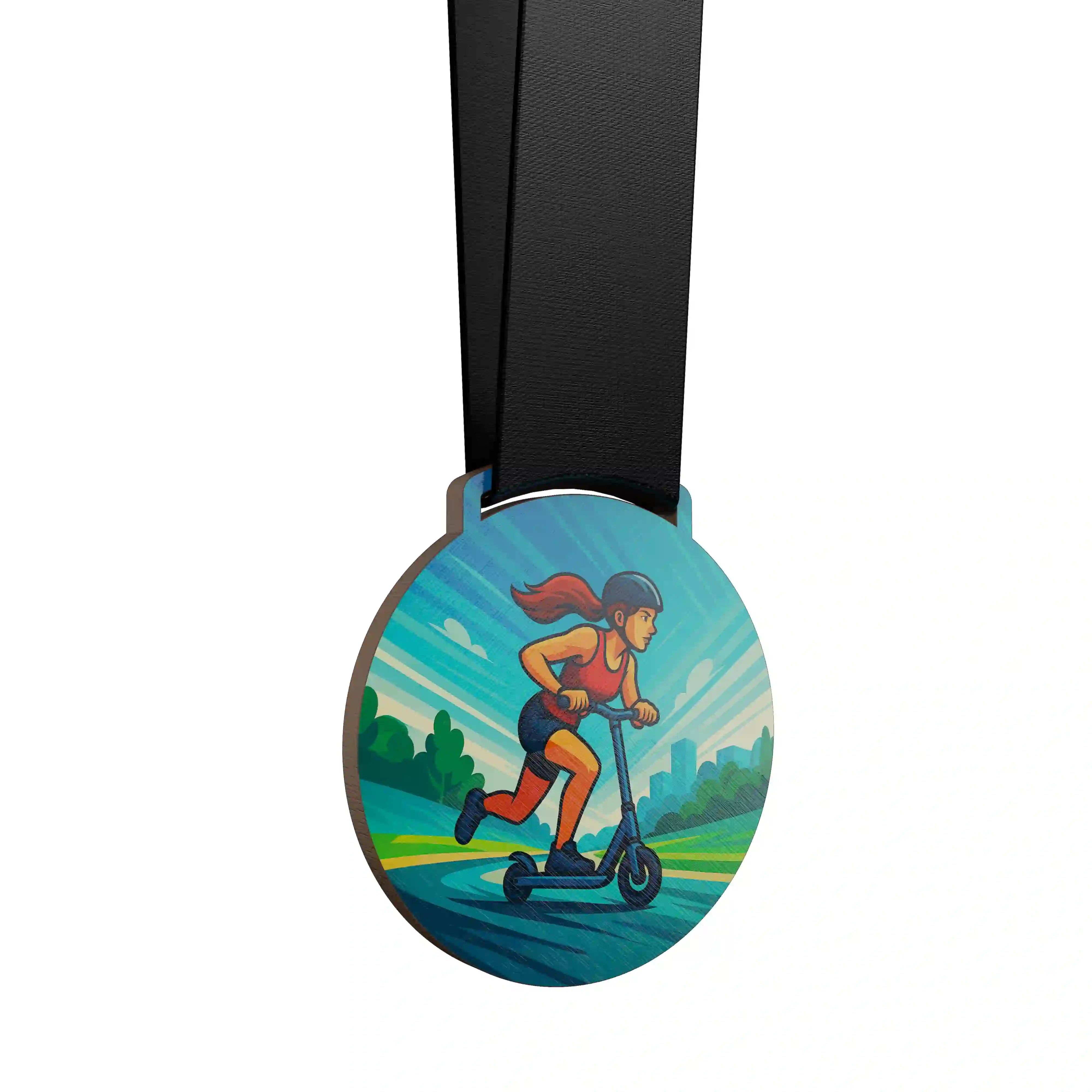 médaille en bois d'une femme faisant de la trottinette