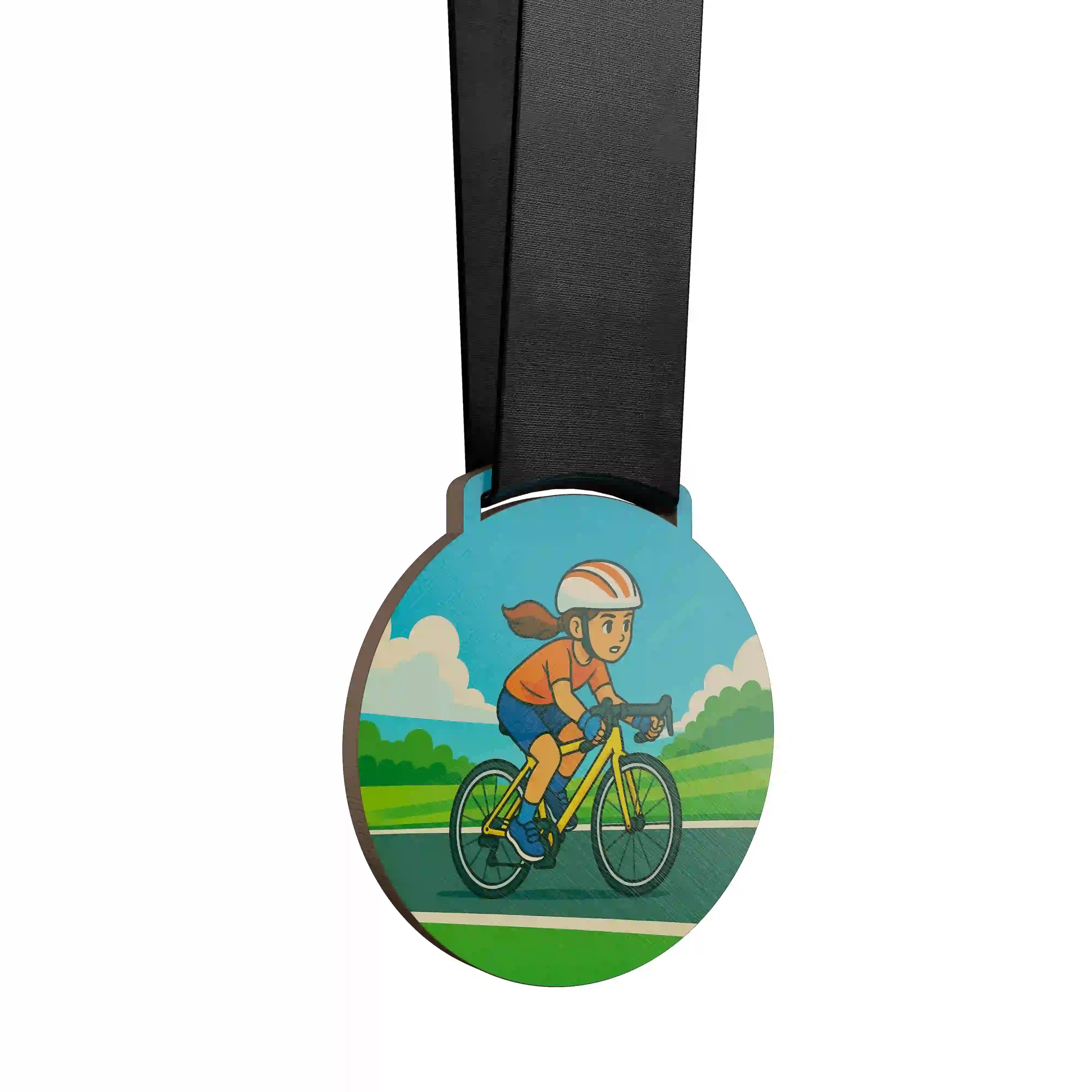 médaille en bois représentant une jeune fille pratiquant le vélo route