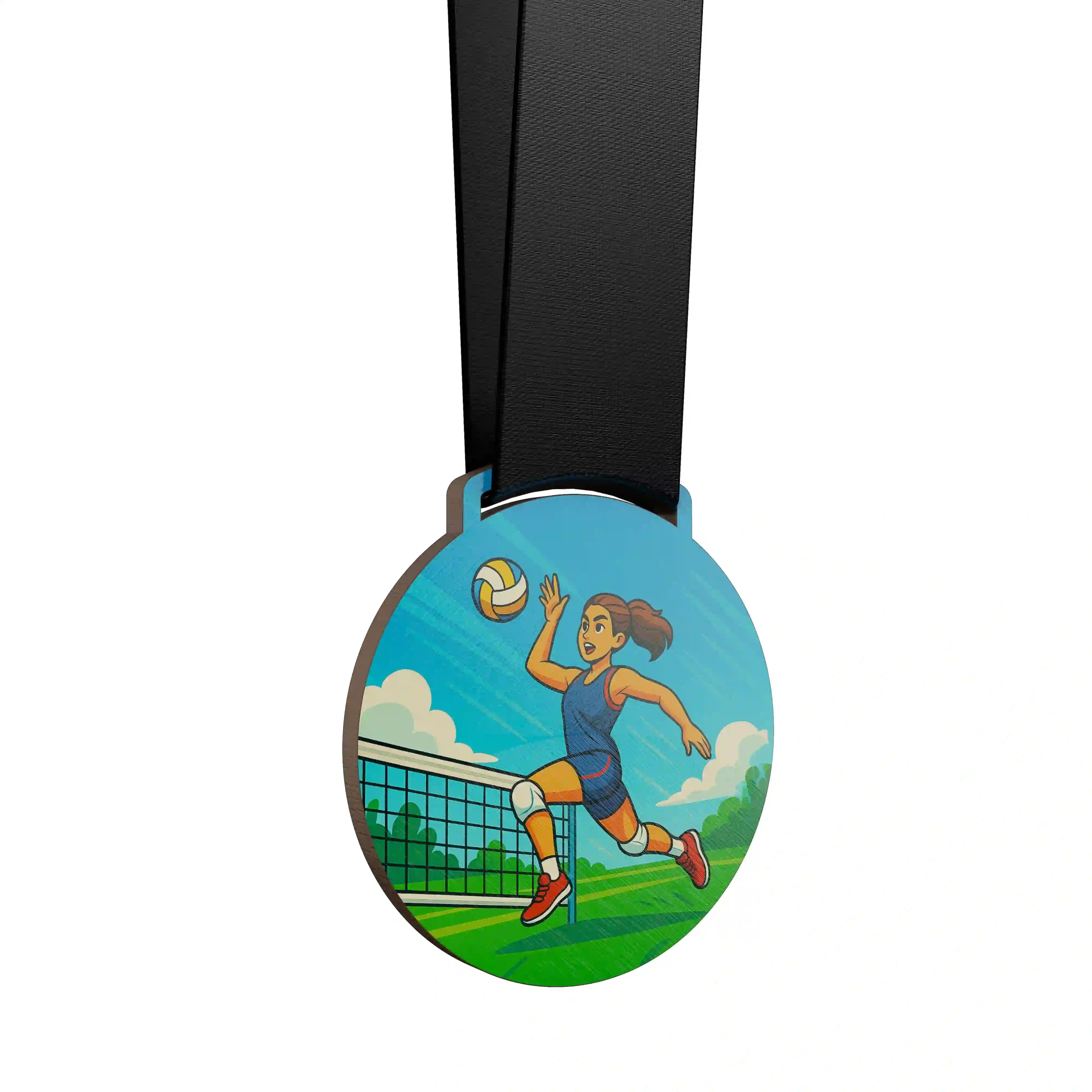 médaille en bois d'une femme pratiquant du volley