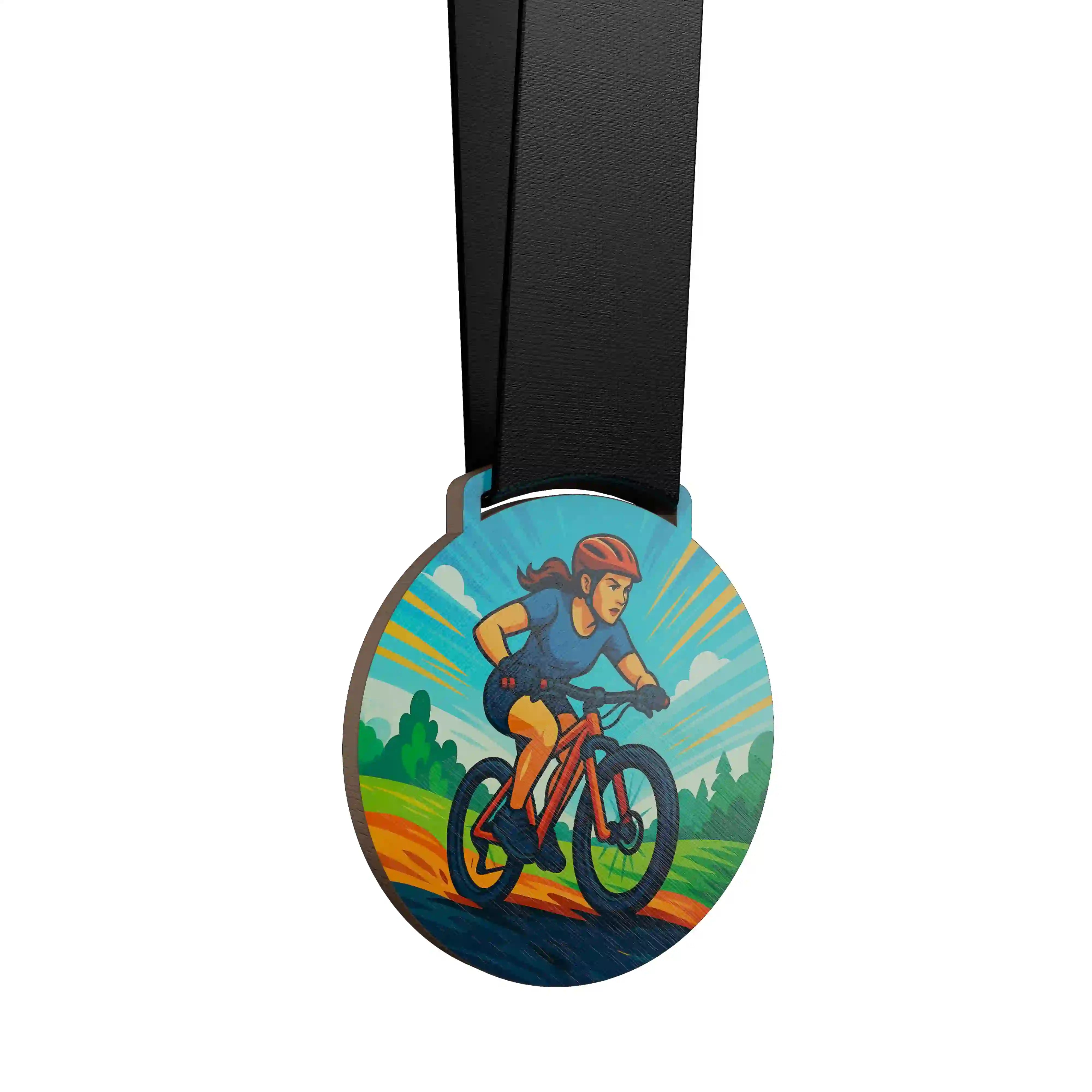 médaille en bois d'une jeune femme faisant du vtt