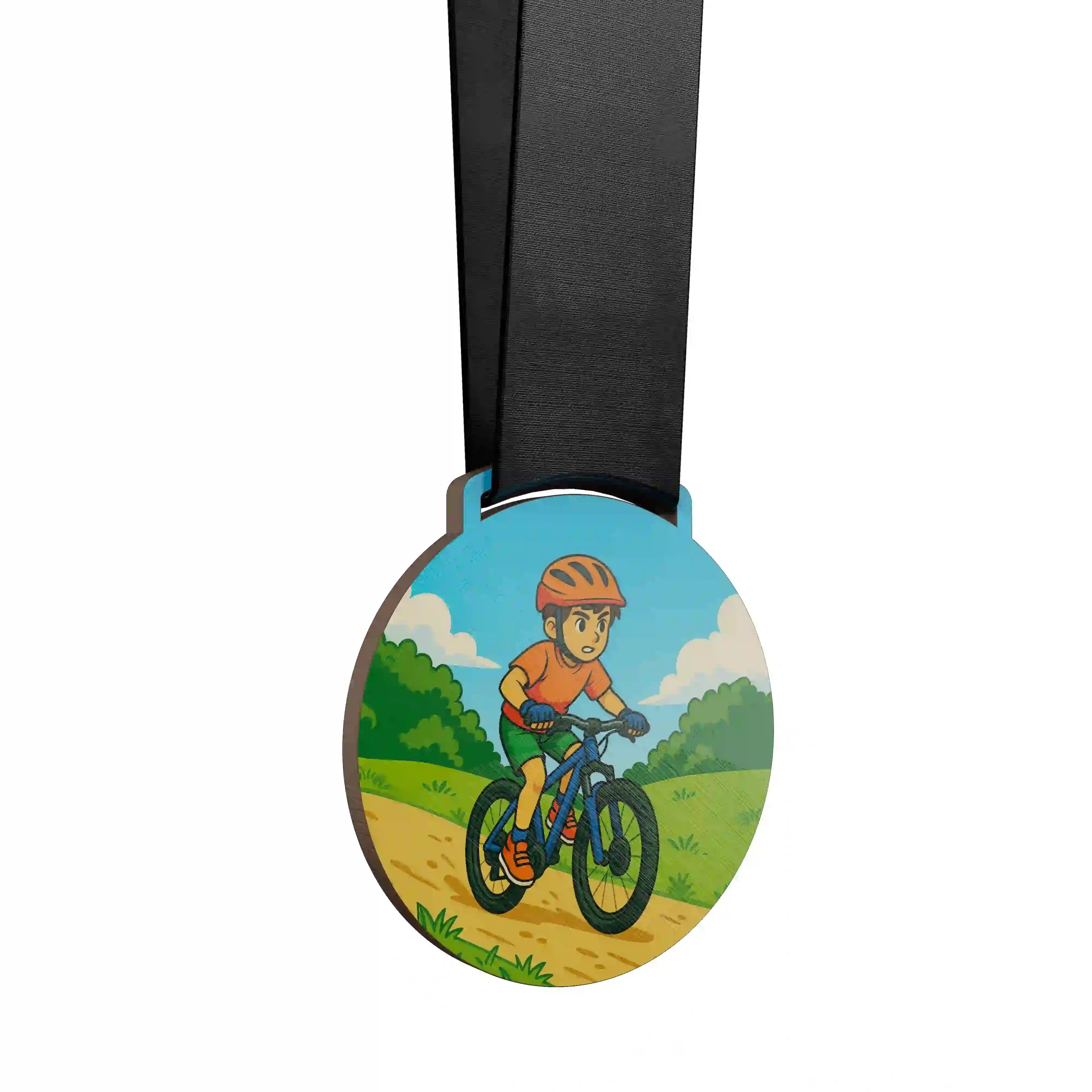 médaille en bois d'un jeune garçon faisant du vtt