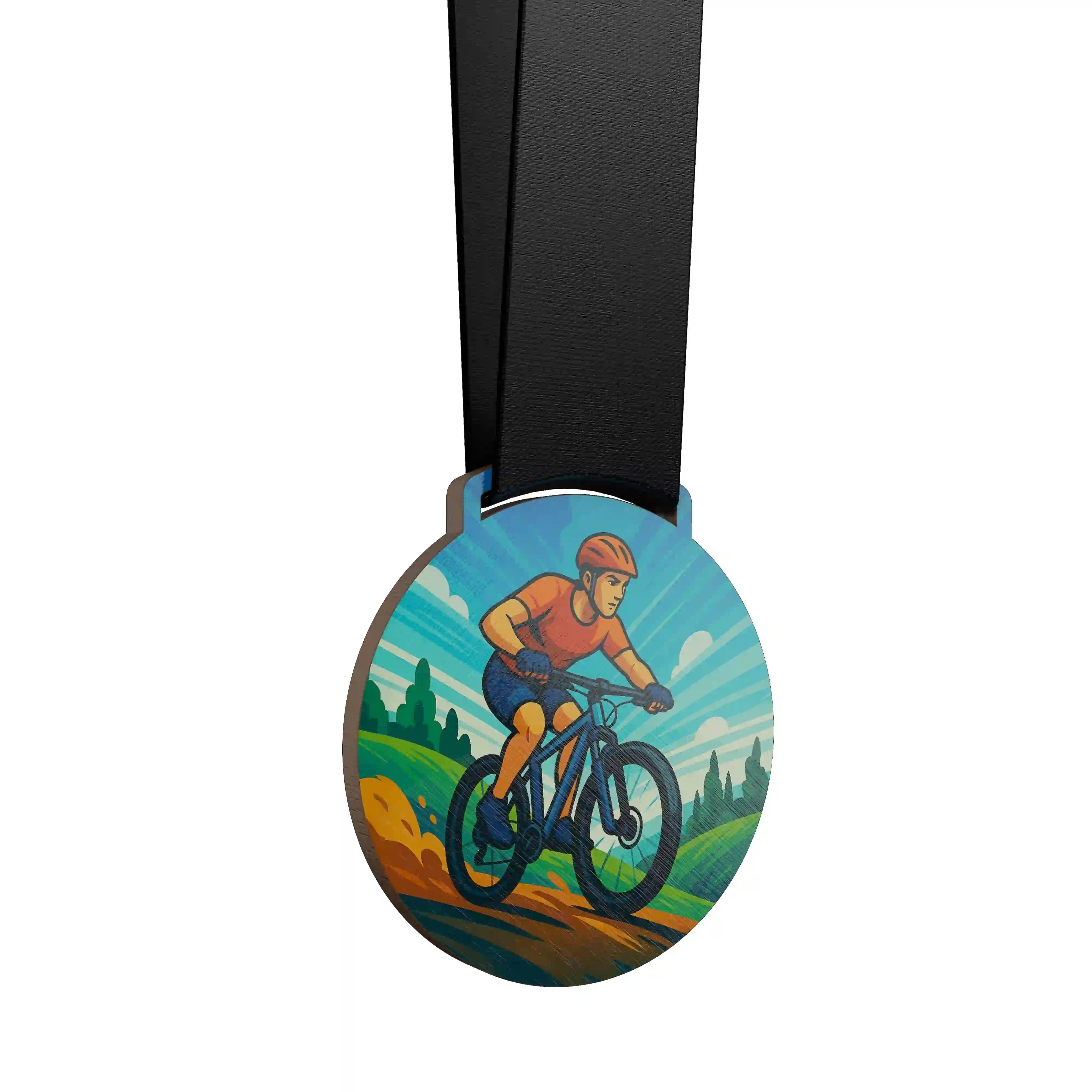médaille en bois d'un homme faisant du vtt