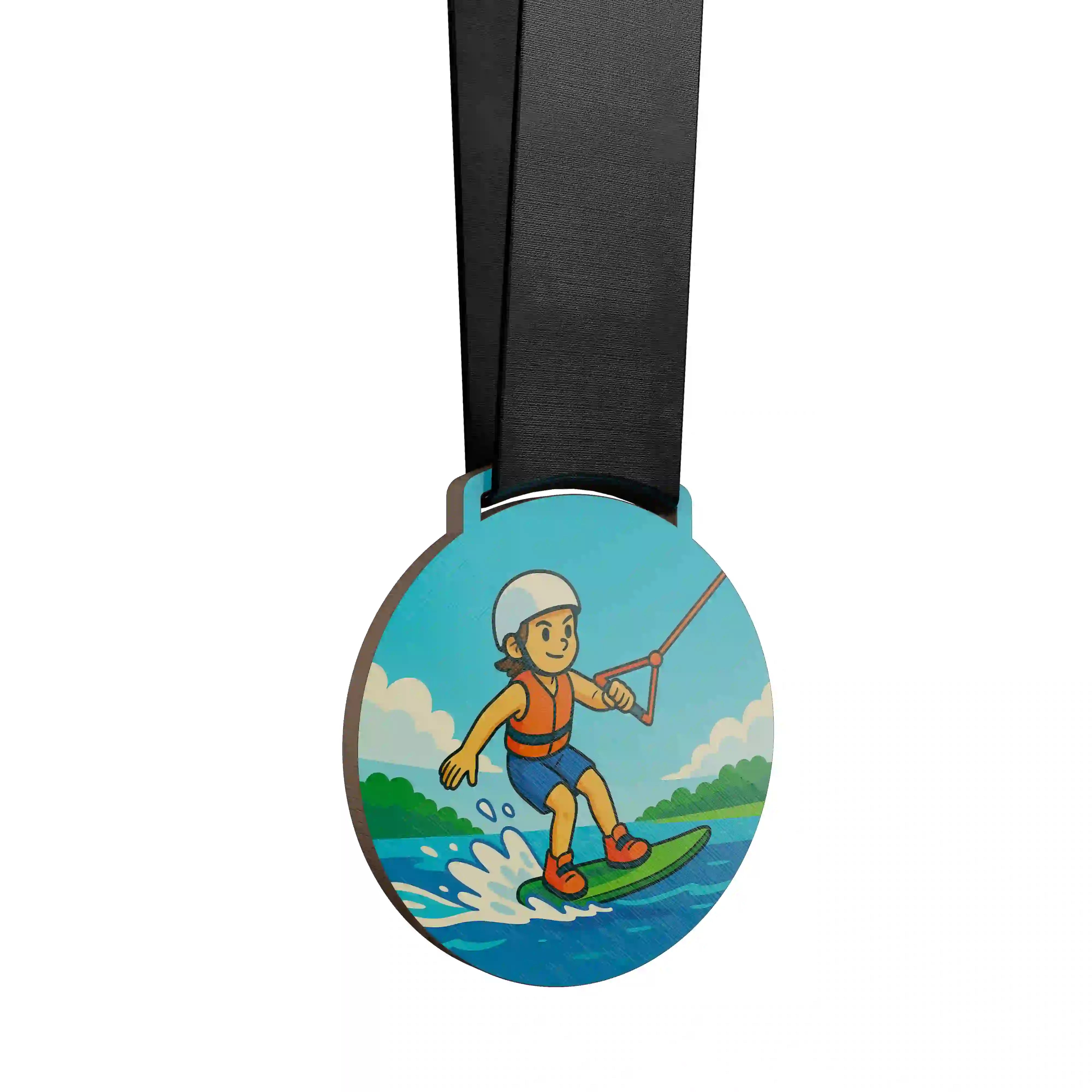 médaille en bois d'un jeune garçon pratiquant le wakeboard