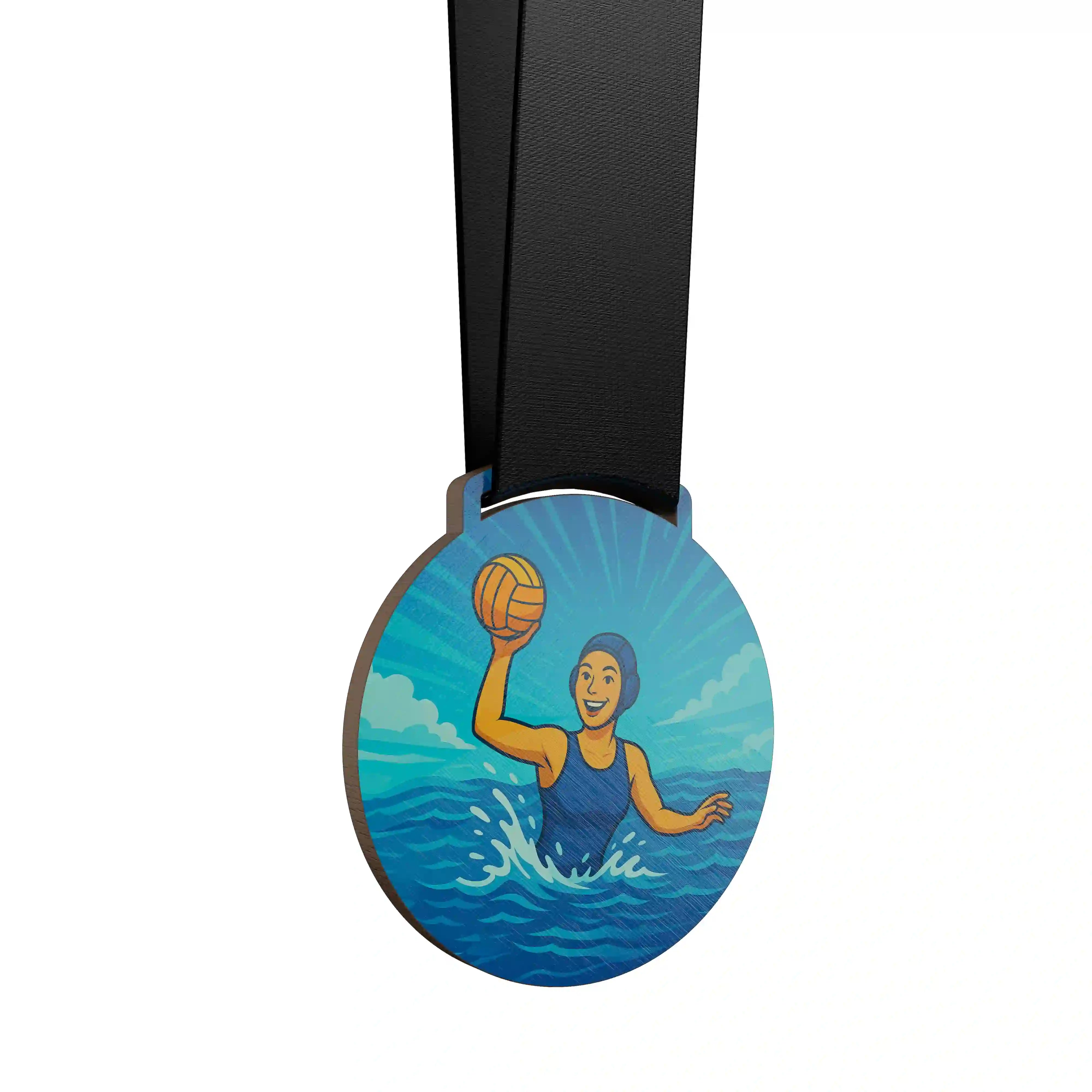 médaille en bois d'une jeune femme pratiquant du water polo en tant qu'attaquante
