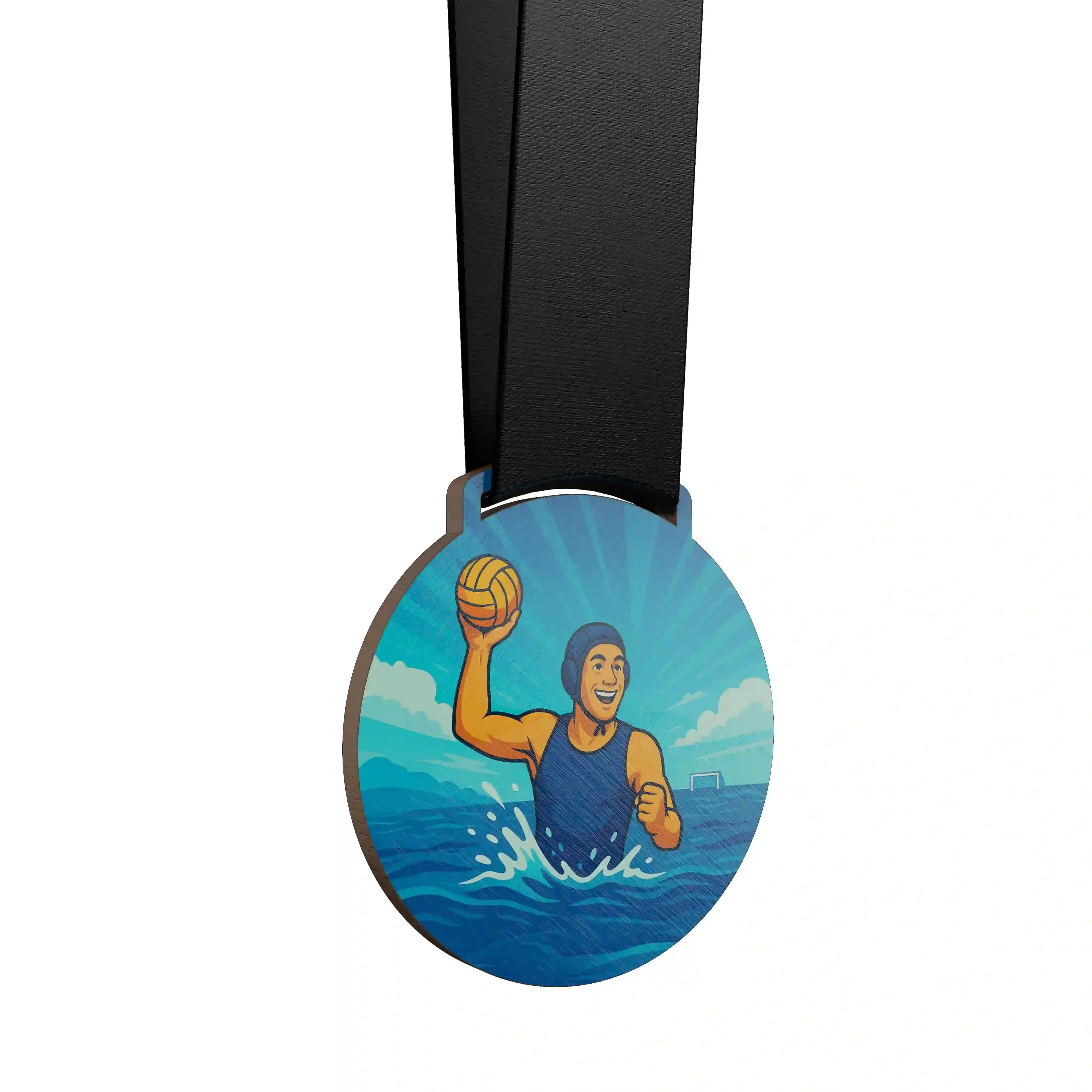 médaille en bois d'un homme pratiquant le water polo en tant qu'attaquant