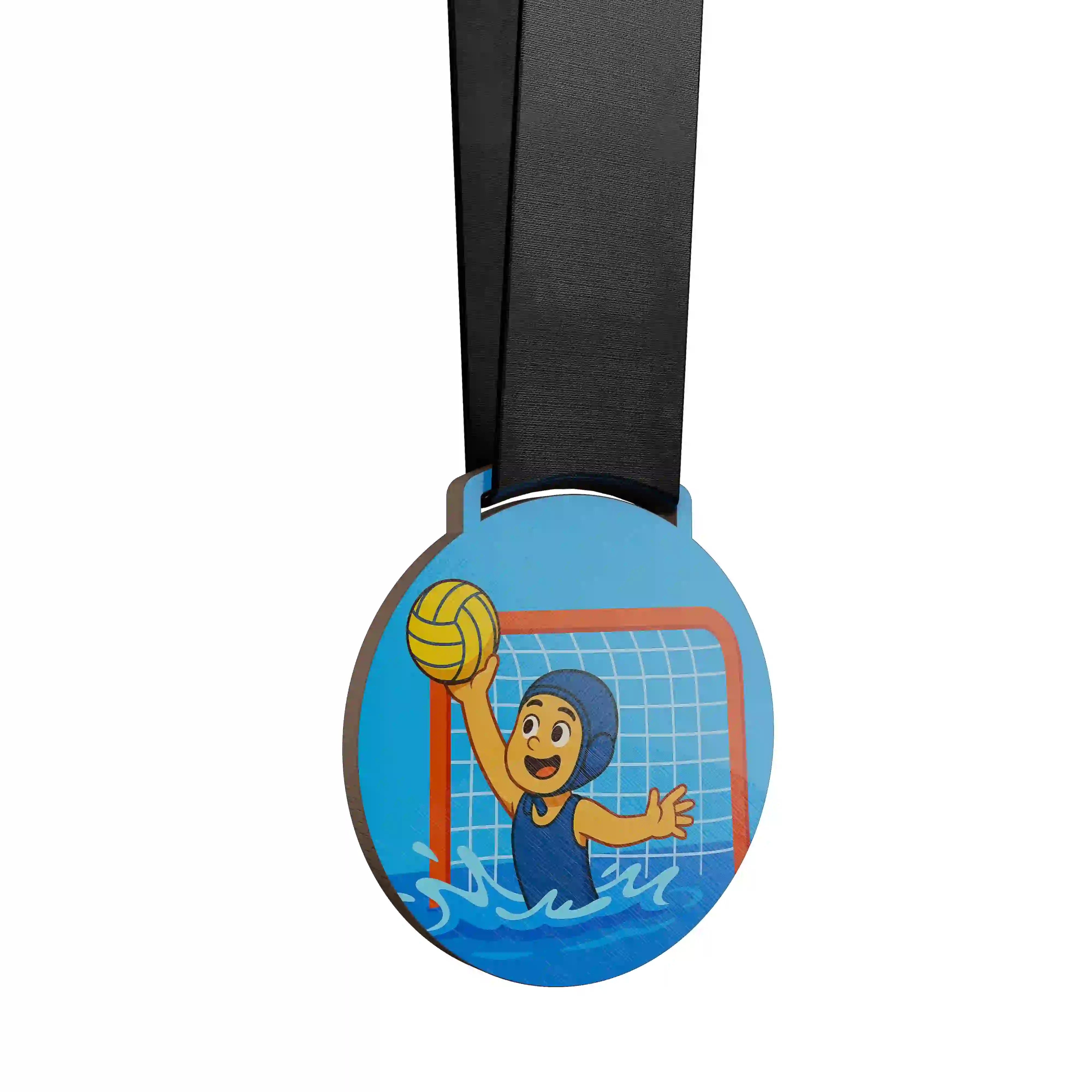 médaille en bois d'un jeune garçon faisant du water polo en tant que gardien