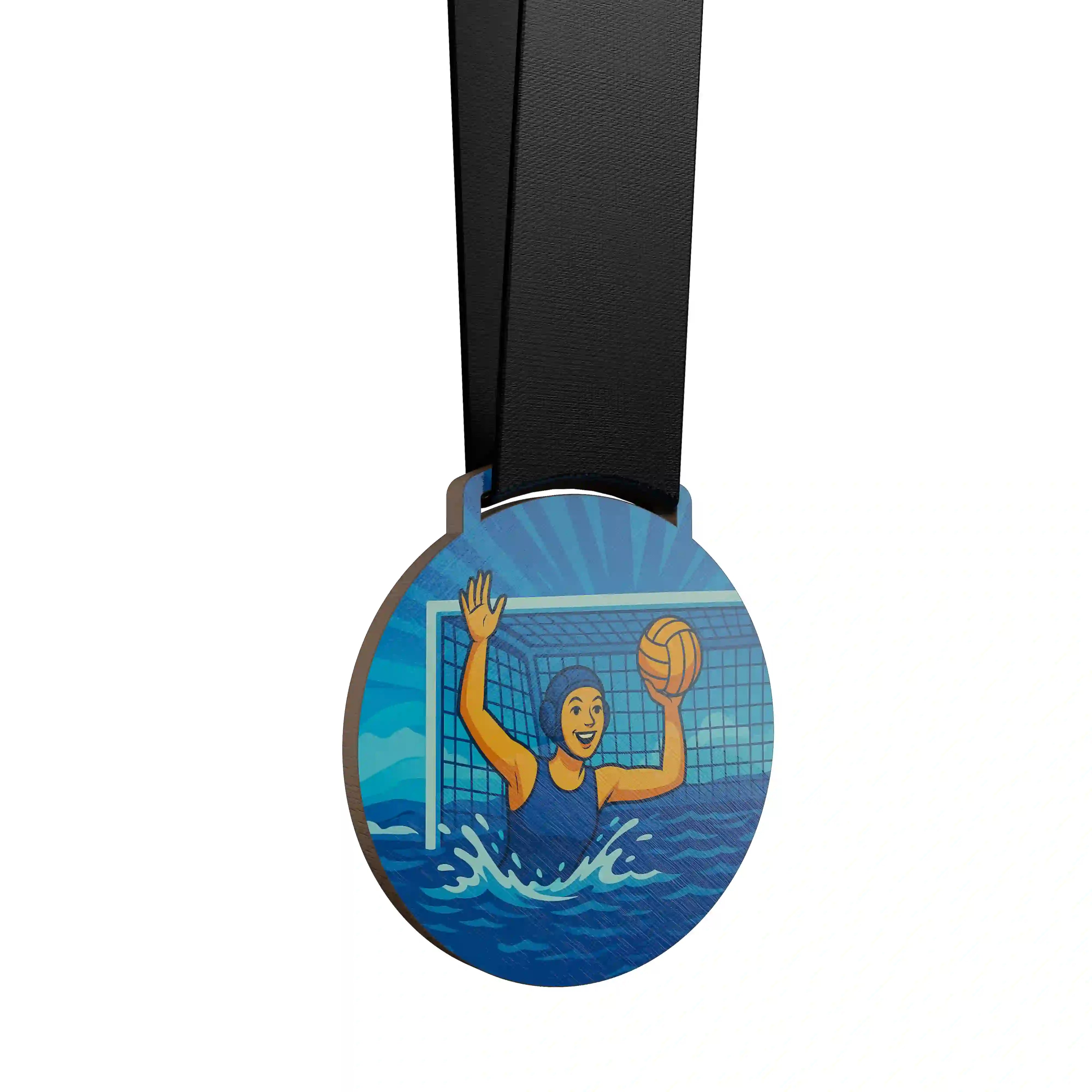 médaille en bois d'une femme faisant du water polo en tant que gardienne