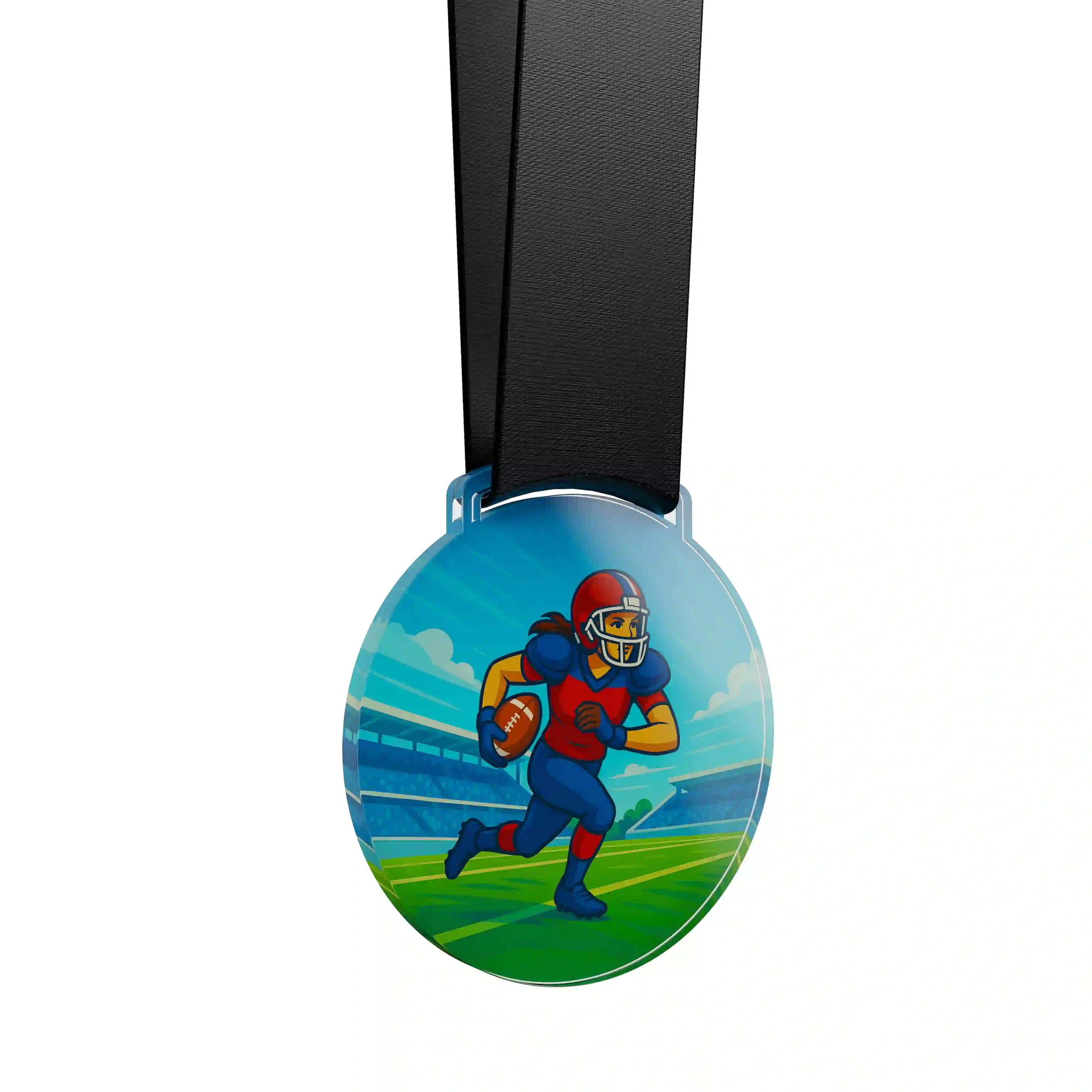 médaille acrylique d'une femme faisant du football américain 