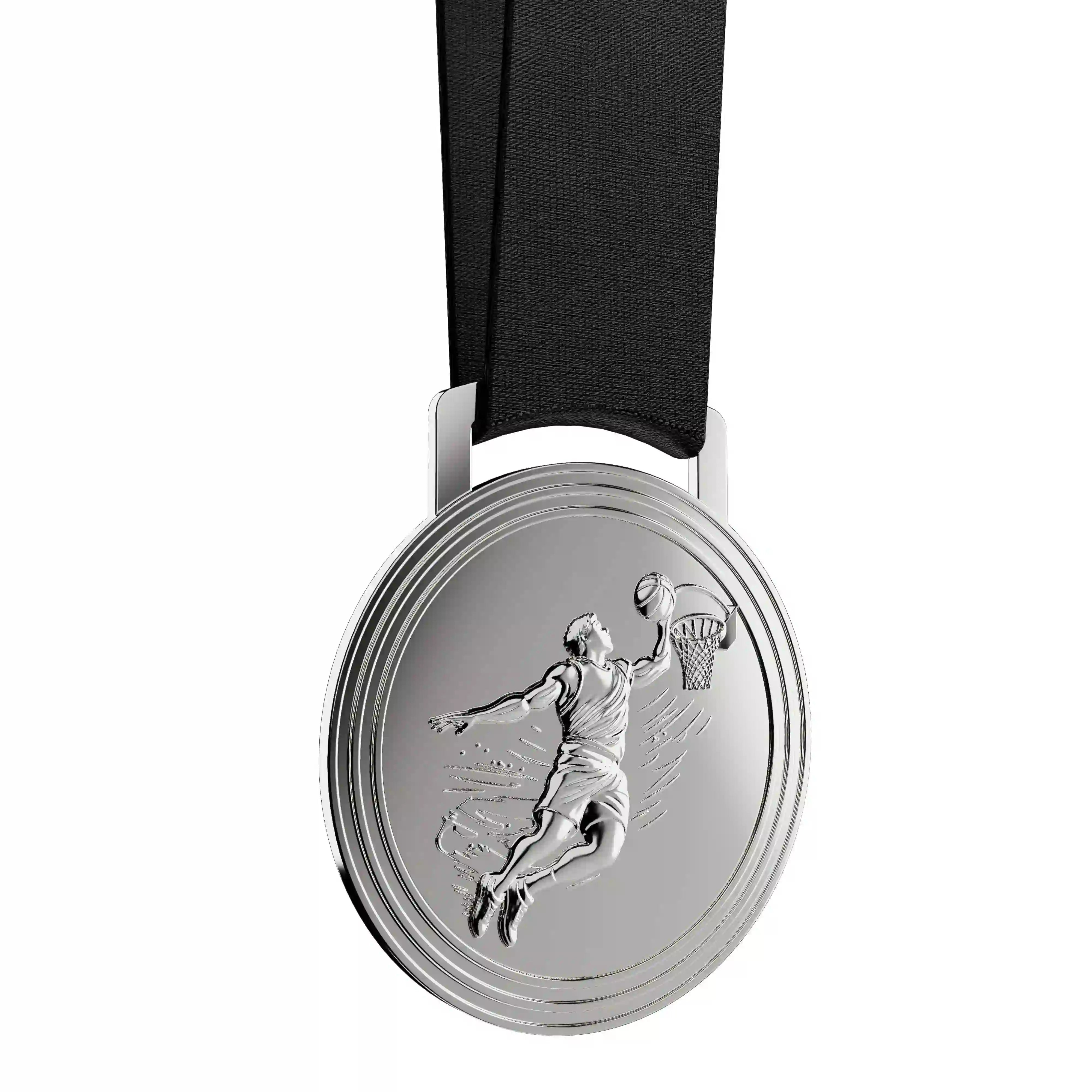 médaille argent d'un joueur de basketball mettant un panier
