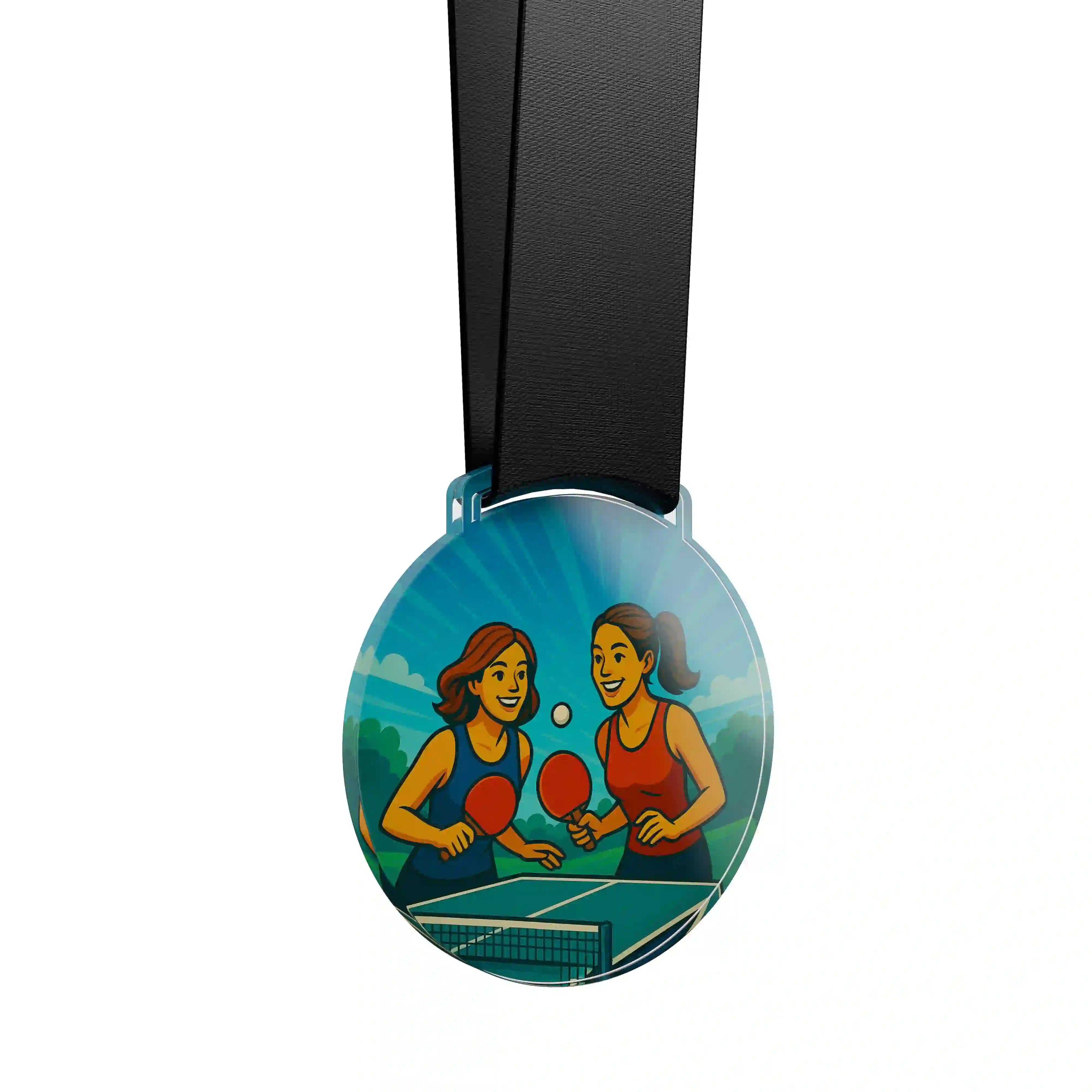 médaille acrylique d'un duo de femme faisant du ping pong 